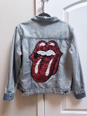 Sage Denim Jacket with Rolling Stone Tongue sequence back Size M
